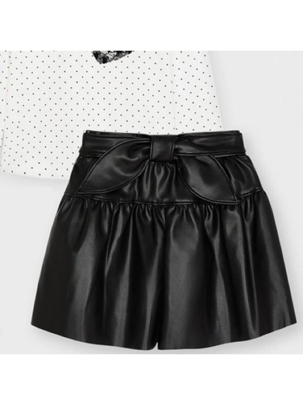 Size 8 Girls Mayoral Black Faux Leather Kids Shorts with Ruffle Waist